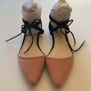 NEW VIA PINKY PINK/BLACK SUEDE FLATS WITH ANKLE TIES SZ 7.5 BLACK SUEDE BOTTOMS